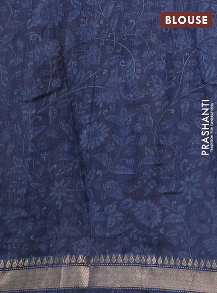 Organza tissue tussar silk saree navy blue with allover zari stripe pattern & kalamkari prints and zari woven border