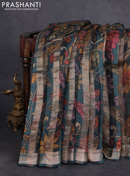 Organza tissue tussar silk saree peacock green with allover zari stripe pattern & kalamkari prints and zari woven border