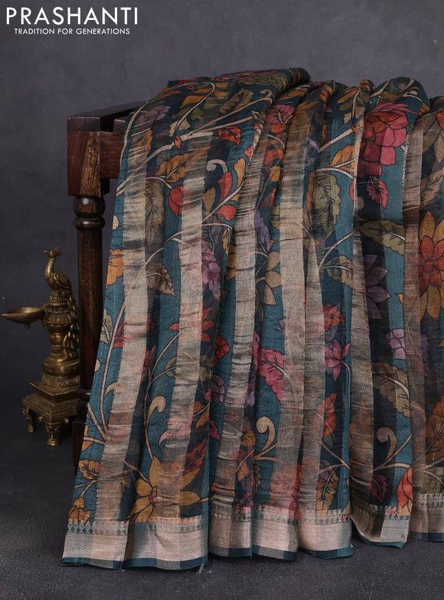 Organza tissue tussar silk saree peacock green with allover zari stripe pattern & kalamkari prints and zari woven border