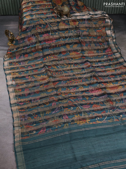 Organza tissue tussar silk saree peacock green with allover zari stripe pattern & kalamkari prints and zari woven border