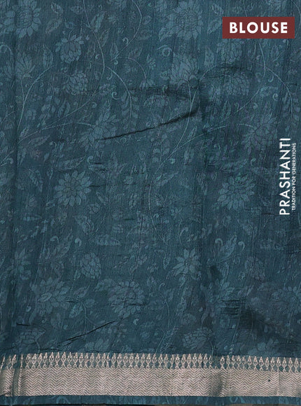 Organza tissue tussar silk saree peacock green with allover zari stripe pattern & kalamkari prints and zari woven border