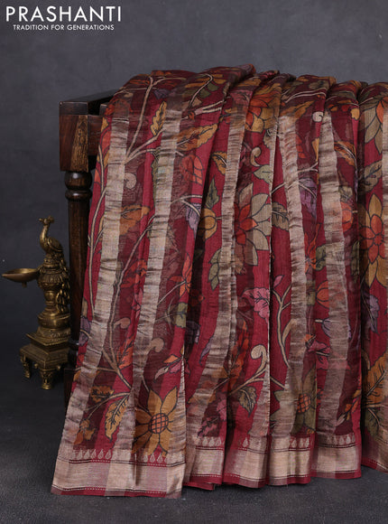 Organza tissue tussar silk saree maroon with allover zari stripe pattern & kalamkari prints and zari woven border