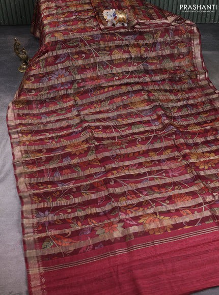 Organza tissue tussar silk saree maroon with allover zari stripe pattern & kalamkari prints and zari woven border