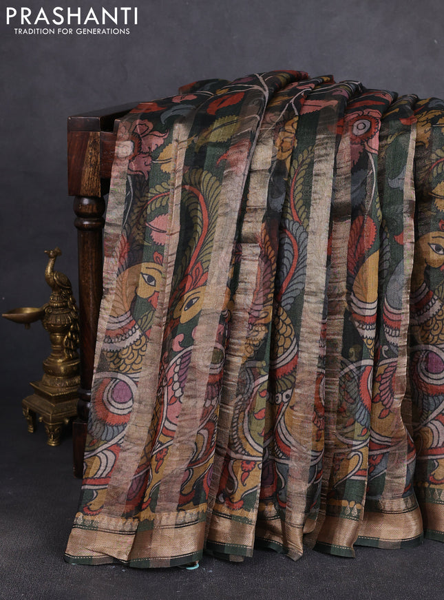 Organza tissue tussar silk saree bottle green with allover zari stripe pattern & kalamkari prints and zari woven border