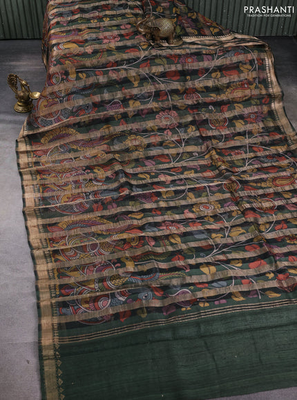 Organza tissue tussar silk saree bottle green with allover zari stripe pattern & kalamkari prints and zari woven border