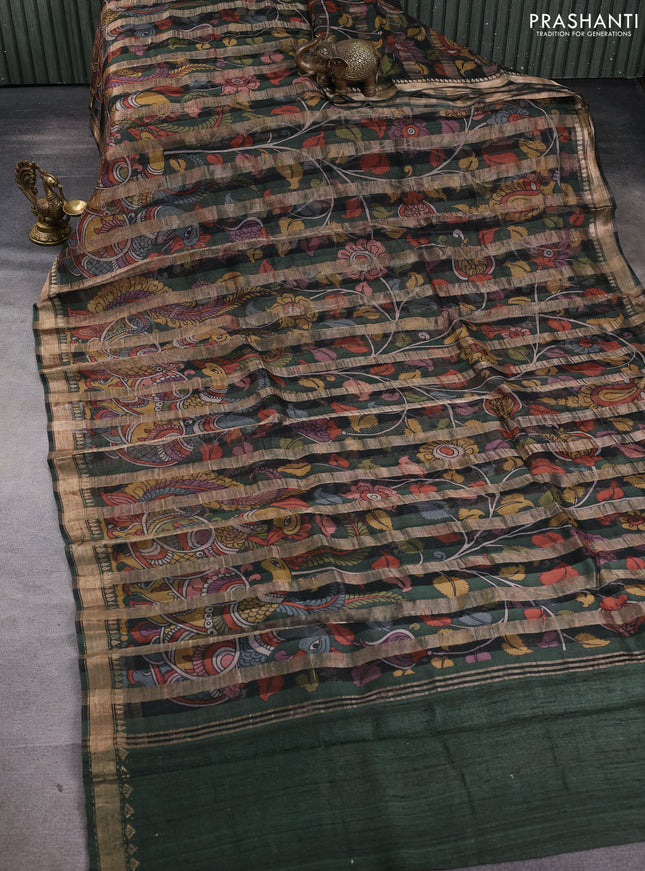 Organza tissue tussar silk saree bottle green with allover zari stripe pattern & kalamkari prints and zari woven border