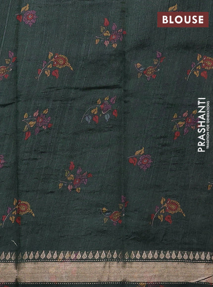 Organza tissue tussar silk saree bottle green with allover zari stripe pattern & kalamkari prints and zari woven border