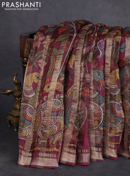 Organza tissue tussar silk saree wine shade with allover zari stripe pattern & kalamkari prints and zari woven border