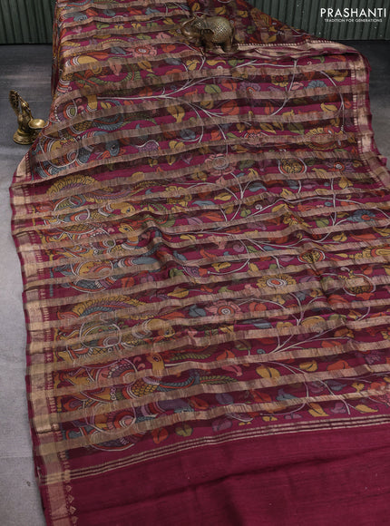 Organza tissue tussar silk saree wine shade with allover zari stripe pattern & kalamkari prints and zari woven border