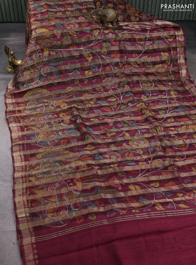 Organza tissue tussar silk saree wine shade with allover zari stripe pattern & kalamkari prints and zari woven border