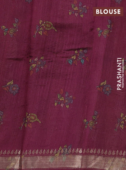 Organza tissue tussar silk saree wine shade with allover zari stripe pattern & kalamkari prints and zari woven border