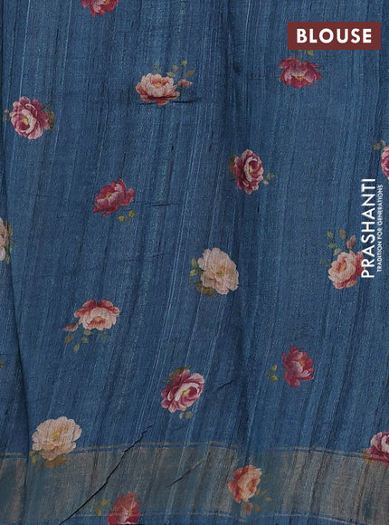 Organza tissue tussar silk saree peacock blue with allover zari stripe pattern & floral prints and zari woven border