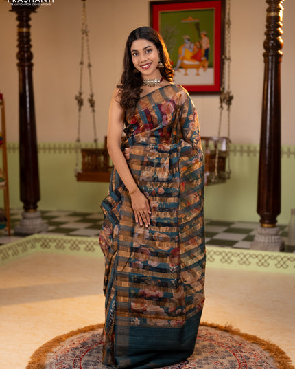 Organza tissue tussar silk saree black with allover zari stripe pattern & floral prints and zari woven border
