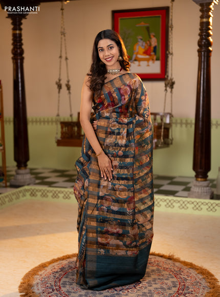 Organza tissue tussar silk saree black with allover zari stripe pattern & floral prints and zari woven border