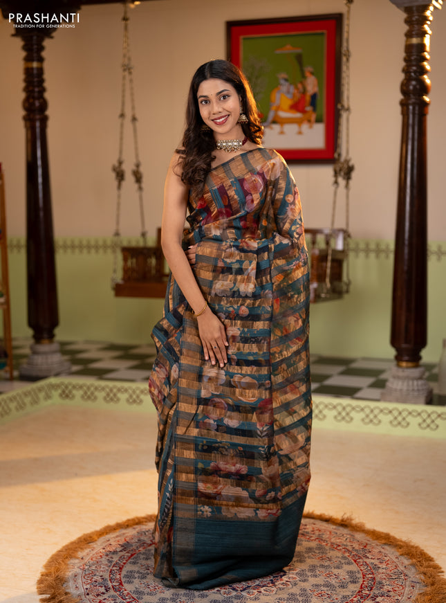 Organza tissue tussar silk saree black with allover zari stripe pattern & floral prints and zari woven border