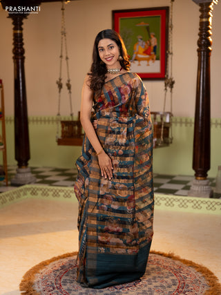 Organza tissue tussar silk saree black with allover zari stripe pattern & floral prints and zari woven border
