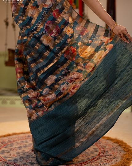 Organza tissue tussar silk saree black with allover zari stripe pattern & floral prints and zari woven border