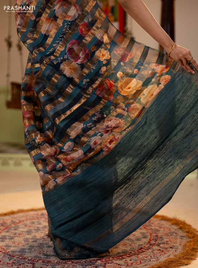 Organza tissue tussar silk saree black with allover zari stripe pattern & floral prints and zari woven border