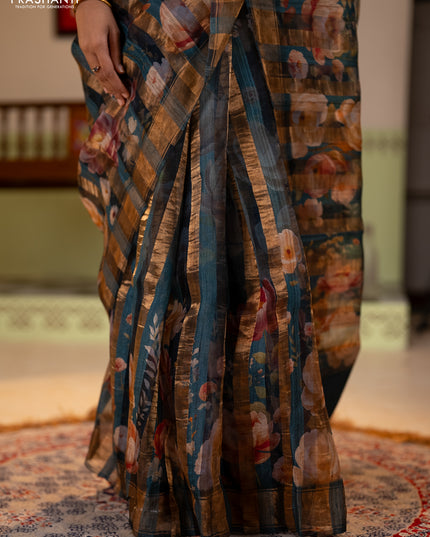 Organza tissue tussar silk saree black with allover zari stripe pattern & floral prints and zari woven border