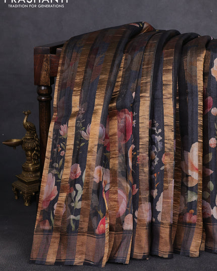 Organza tissue tussar silk saree black with allover zari stripe pattern & floral prints and zari woven border