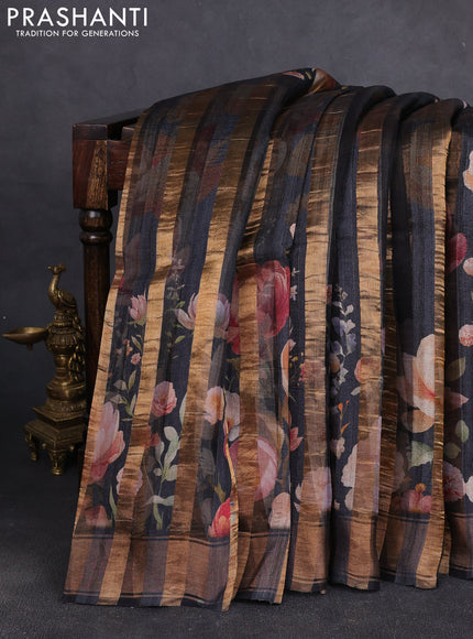 Organza tissue tussar silk saree black with allover zari stripe pattern & floral prints and zari woven border