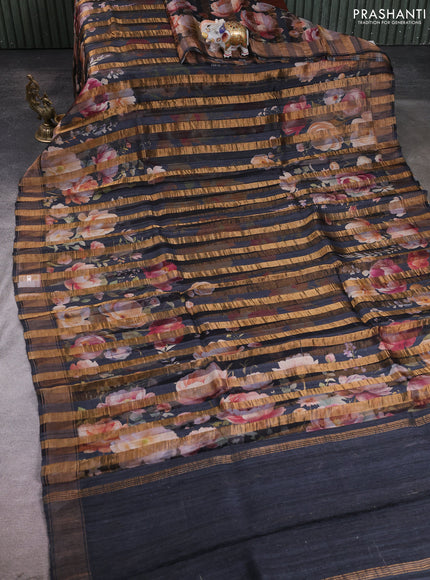 Organza tissue tussar silk saree black with allover zari stripe pattern & floral prints and zari woven border