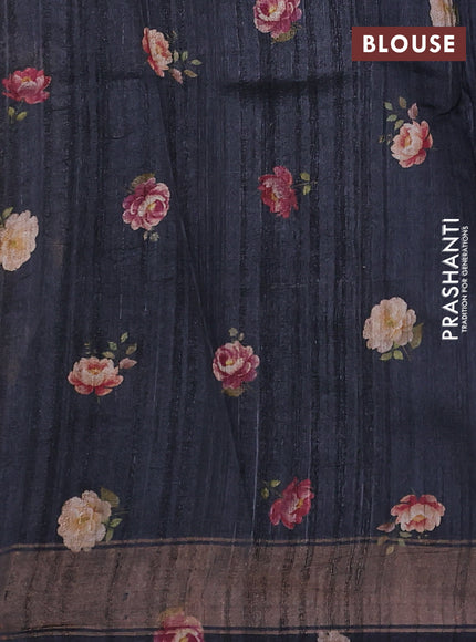 Organza tissue tussar silk saree black with allover zari stripe pattern & floral prints and zari woven border
