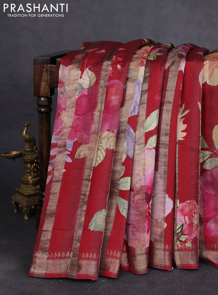 Organza tissue tussar silk saree maroon with allover zari stripe pattern & floral prints and zari woven border