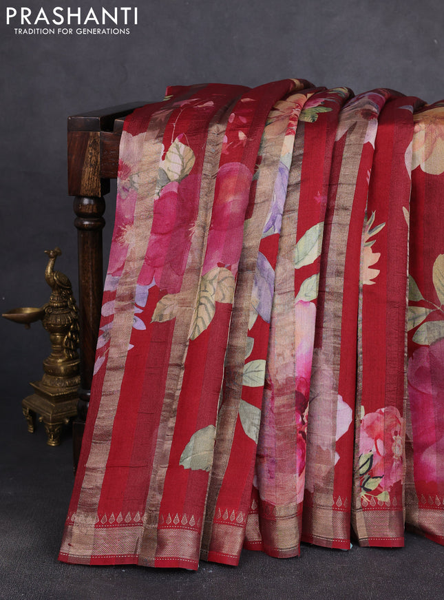 Organza tissue tussar silk saree maroon with allover zari stripe pattern & floral prints and zari woven border