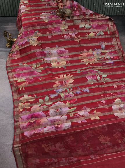 Organza tissue tussar silk saree maroon with allover zari stripe pattern & floral prints and zari woven border