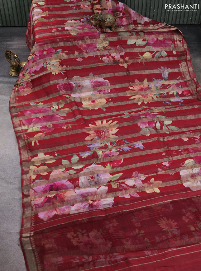 Organza tissue tussar silk saree maroon with allover zari stripe pattern & floral prints and zari woven border