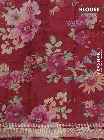 Organza tissue tussar silk saree maroon with allover zari stripe pattern & floral prints and zari woven border