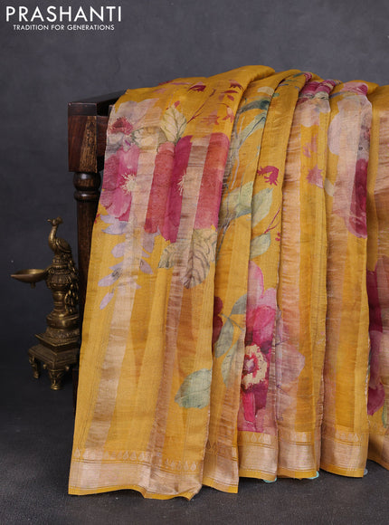 Organza tissue tussar silk saree mustard yellow with allover zari stripe pattern & floral prints and zari woven border
