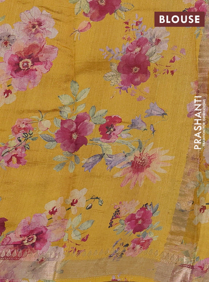 Organza tissue tussar silk saree mustard yellow with allover zari stripe pattern & floral prints and zari woven border