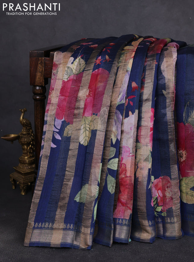 Organza tissue tussar silk saree peacock blue with allover zari stripe pattern & floral prints and zari woven border