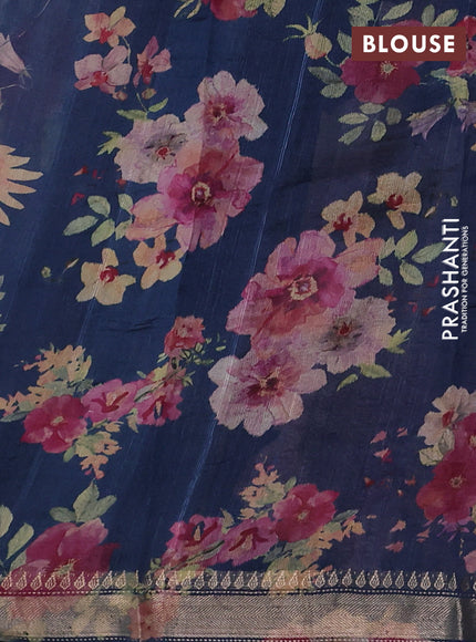 Organza tissue tussar silk saree peacock blue with allover zari stripe pattern & floral prints and zari woven border