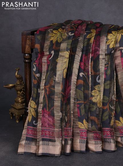 Organza tissue tussar silk saree black with allover zari stripe pattern & kalamkari prints and zari woven border