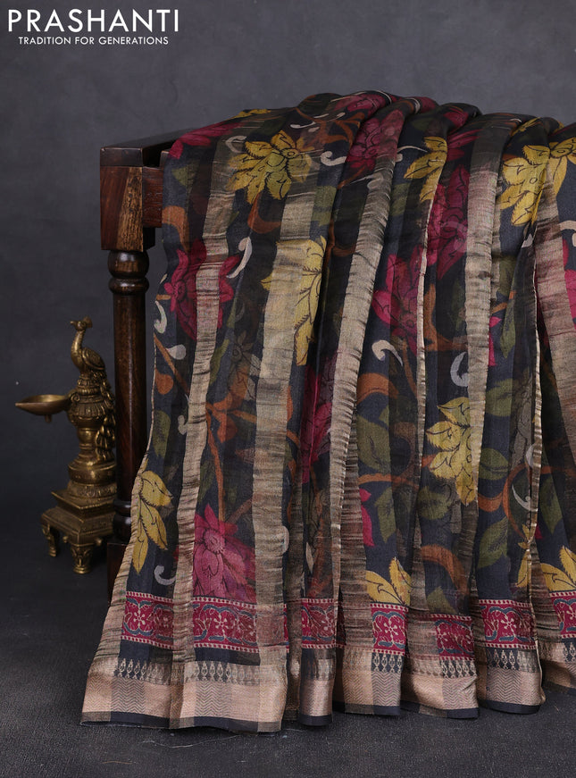 Organza tissue tussar silk saree black with allover zari stripe pattern & kalamkari prints and zari woven border