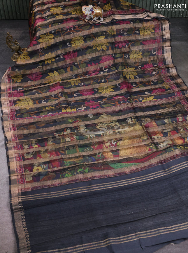 Organza tissue tussar silk saree black with allover zari stripe pattern & kalamkari prints and zari woven border