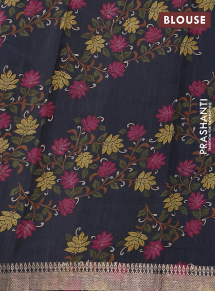 Organza tissue tussar silk saree black with allover zari stripe pattern & kalamkari prints and zari woven border