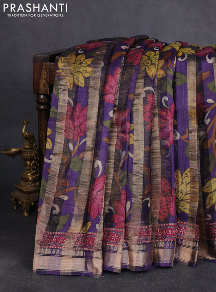 Organza tissue tussar silk saree purple with allover zari stripe pattern & kalamkari prints and zari woven border