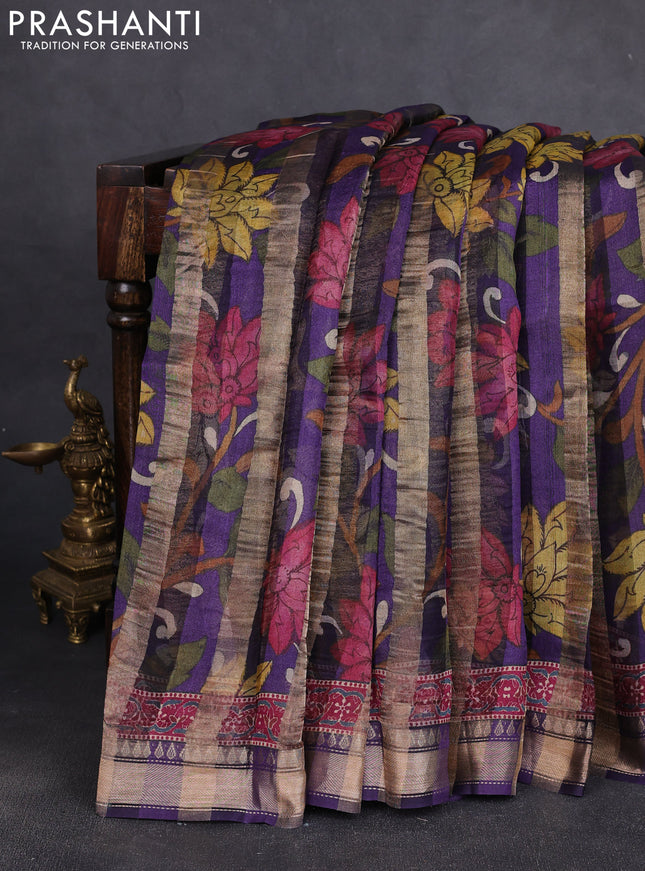 Organza tissue tussar silk saree purple with allover zari stripe pattern & kalamkari prints and zari woven border