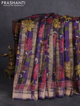 Organza tissue tussar silk saree purple with allover zari stripe pattern & kalamkari prints and zari woven border