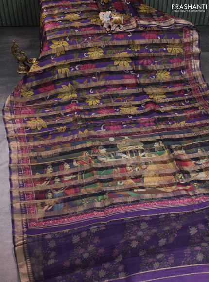 Organza tissue tussar silk saree purple with allover zari stripe pattern & kalamkari prints and zari woven border