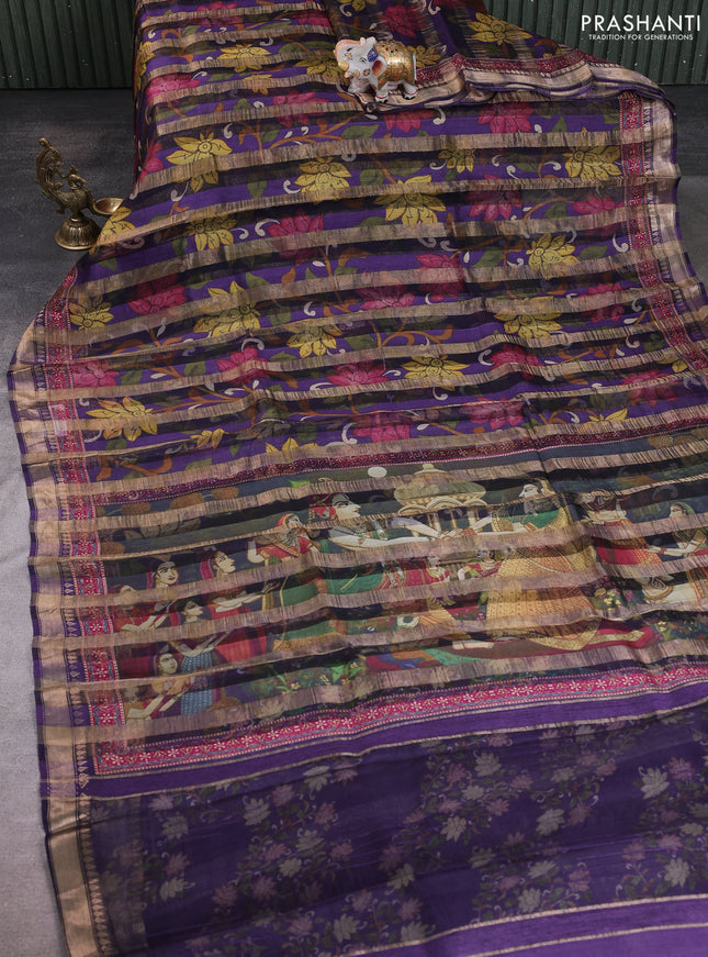 Organza tissue tussar silk saree purple with allover zari stripe pattern & kalamkari prints and zari woven border