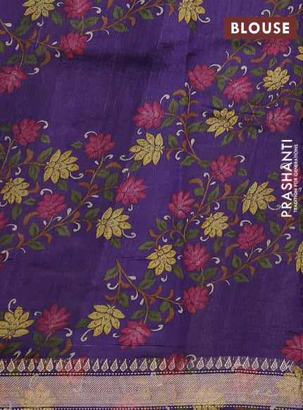 Organza tissue tussar silk saree purple with allover zari stripe pattern & kalamkari prints and zari woven border