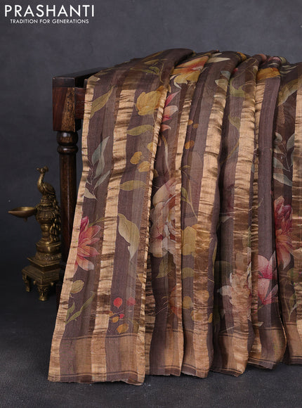 Organza tissue tussar silk saree pastel brown with allover zari stripe pattern & floral prints and zari woven border
