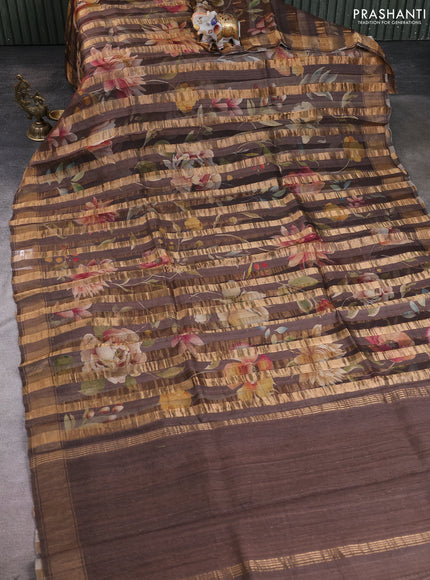 Organza tissue tussar silk saree pastel brown with allover zari stripe pattern & floral prints and zari woven border