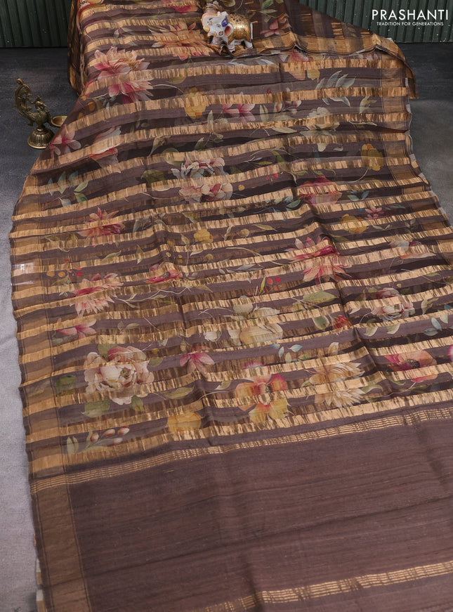 Organza tissue tussar silk saree pastel brown with allover zari stripe pattern & floral prints and zari woven border