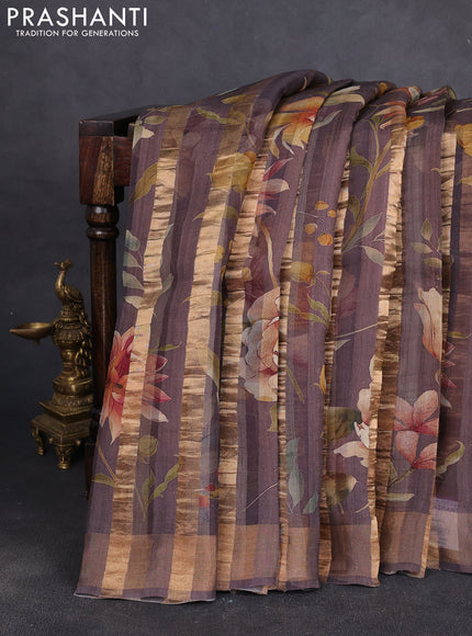 Organza tissue tussar silk saree rosy brown with allover zari stripe pattern & floral prints and zari woven border